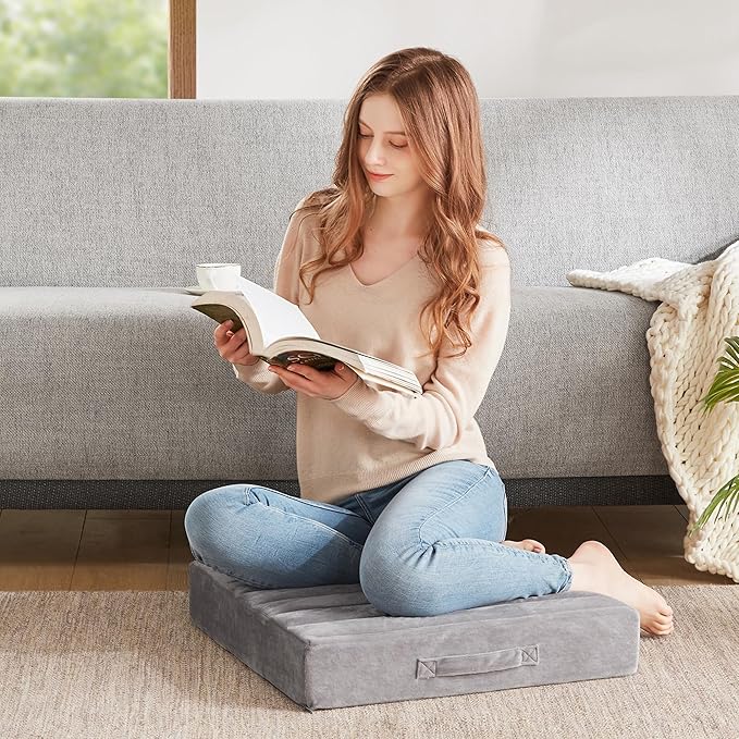 Codi High Density Foam Floor Pillow 2 Sets, Large Meditation Cushions Seating for Adults and Yoga Sitting, 5" Thick Washable Couch Cushion with Soft Tufted Covers - 22 Inch Grey