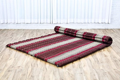 Leewadee - Foldable Floor Mattress - Japanese Roll Up Futon -Trifold Tatami Mat- Guest Floor Bed - Camping Mattress - Thai Massage Mat, Kapok Filled, 75 x 57 inches, Brown Red