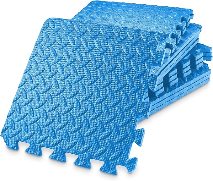 Philosophy Gym Pack of 12 Exercise Flooring Mats - 12 x 12 Inch Foam Rubber Interlocking Puzzle Floor Tiles - Blue