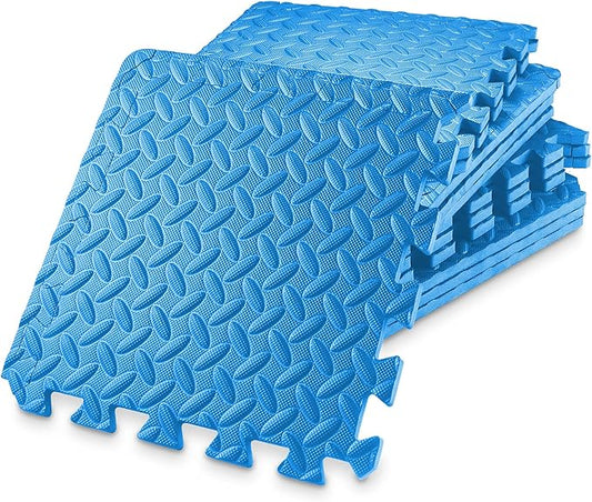 Philosophy Gym Pack of 12 Exercise Flooring Mats - 12 x 12 Inch Foam Rubber Interlocking Puzzle Floor Tiles - Blue