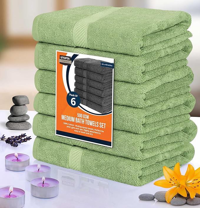 Utopia Towels 6 Pack Medium Bath Towel Set, 24 by 48 Inches, 500 GSM 100% Ring Spun Cotton, Lightweight and Highly Absorbent Quick Drying Premium Towels for Hotel, Spa and Bathroom, Sage Green
