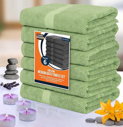 Utopia Towels 6 Pack Medium Bath Towel Set, 24 by 48 Inches, 500 GSM 100% Ring Spun Cotton, Lightweight and Highly Absorbent Quick Drying Premium Towels for Hotel, Spa and Bathroom, Sage Green