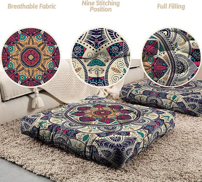 Mandala Meditation Cushion, Boho Meditation Mat, Meditation Pillows for Sitting on Floor, Cushions for Sitting in Home and Outdoor, Square Floor Pillows Cushion Seating for Yoga 22'' x 22''