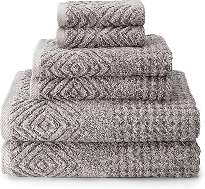 Texere 100% Organic Cotton Diamond Jacquard 700 GSM Luxury Bath Towel Sets - 2 Ultra Soft, Large Bath Towels, 2 Hand Towels, 2 Washcloths (Diamond, Cathedral Gray, 6 Piece)