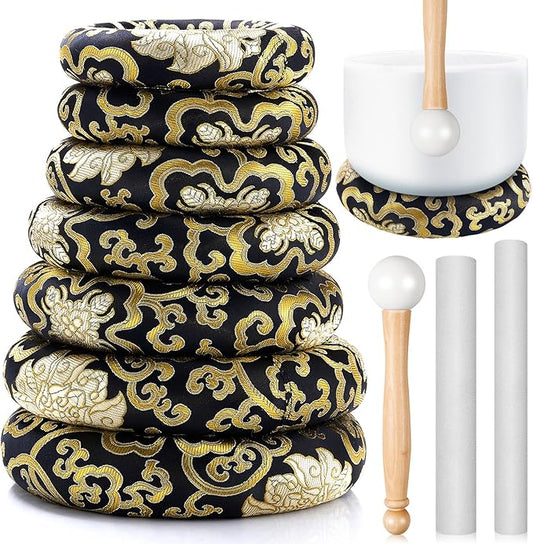 10 Pcs Singing Bowl Cushion Set 7 Silk Cloth O Ring with 3 Crystal Singing Bowl Mallet Include Solid and Hollow Stick Wood Handle Rubber Mallet for 6-12" Tibetan Sound Meditation (Black Gold)
