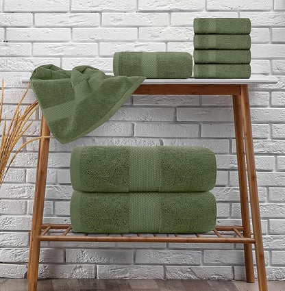 White Classic Luxury Bath Towel Set of 8 Pieces - 100% Turkish Cotton Highly Absorbent Towels for Bathroom, 2 Luxury Bath Towels 700GSM, 2 Hand Towels, 4 Washcloths, Sage Green