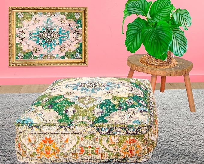 Mandala Life ART Moroccan Pouf Ottoman Cover Green Square Meditation Pillow Case Boho Room Décor Moroccan Seating Area Perfect for Living Room, Bedroom, Nursary or Children Room Cotton 24x8 Unstuffed