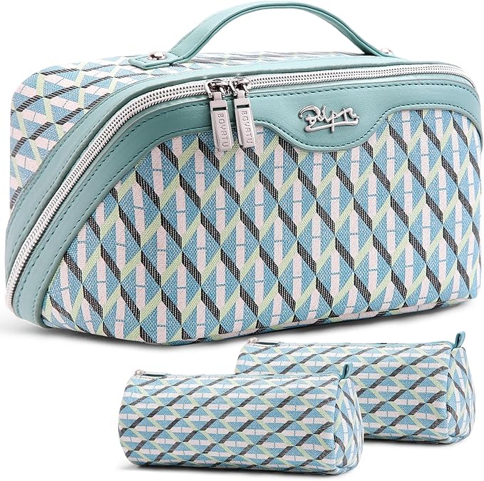 BOYATU Travel Makeup Bags for Women: Large Capacity Cosmetic Bag Set of 3 - Vegan Leather Make up Bags with Compartments - Wide Open Waterproof Toiletry Organizer Bag with Handle (E-02-Blue)