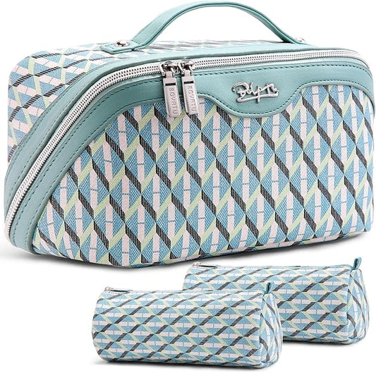 BOYATU Travel Makeup Bags for Women: Large Capacity Cosmetic Bag Set of 3 - Vegan Leather Make up Bags with Compartments - Wide Open Waterproof Toiletry Organizer Bag with Handle (E-02-Blue)