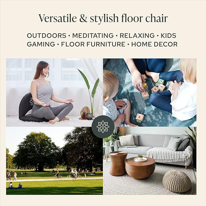 Mindful Modern Meditation Chair | Adjustable Floor Chair with Back Support | Padded Floor Seat for Posture Support and Comfort | Portable Folds Flat for Storage | Indoor/Outdoor Use | Stone Black