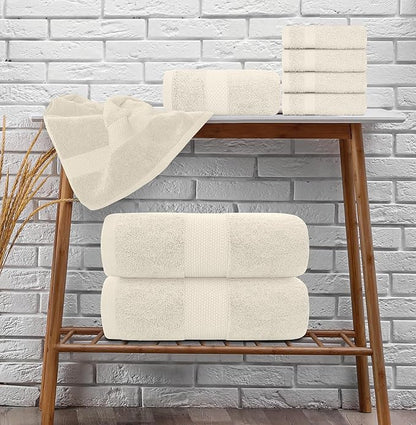 White Classic Luxury Bath Towel Set of 8 Pieces - 100% Turkish Cotton Highly Absorbent Towels for Bathroom, 2 Luxury Bath Towels 700GSM, 2 Hand Towels, 4 Washcloths, Ivory