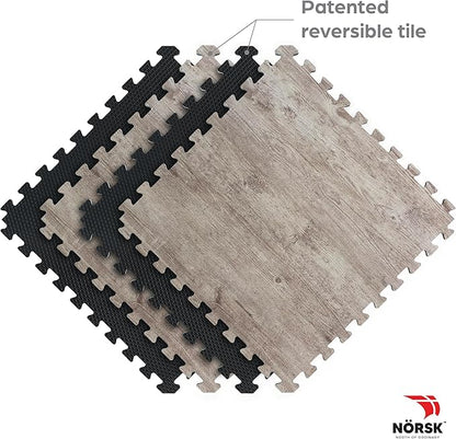 Décor by NÖRSK Reversible Interlocking Faux Wood Foam Floor Tiles, 24 X 24 X .47", 4-Pack, 16 Square Feet, Driftwood/Black