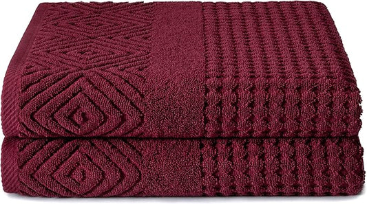 Texere 100% Organic Cotton Diamond Jacquard 700 GSM Luxury Bath Towel Sets - Ultra Soft and Absorbent Hotel and Spa Quality (Diamond, Merlot, 2 Bath Towels)