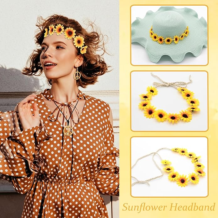 choice of all Peace Sign Necklace Earrings Sunflower Headband Set for Women 60s 70s Outfits Hip Hop Hippie Jewelry Halloween Costume Accessories