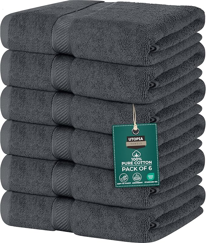 Utopia Towels 6 Pack Medium Bath Towel Set, 24 by 48 Inches, 500 GSM 100% Ring Spun Cotton, Lightweight and Highly Absorbent Quick Drying Premium Towels for Hotel, Spa and Bathroom, Grey