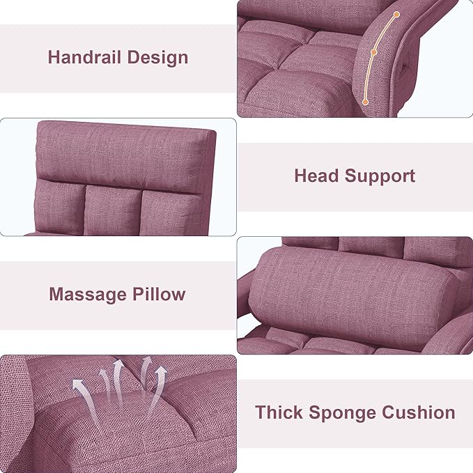 Adjustable Floor Gaming Chair for Adults, 6-Position Chaise Lounge Chair with Meditation Arm, Foldable Lazy Sofa with Pillow, Comfy Chair Indoor for Bedroom Dorm Living Room, Purple