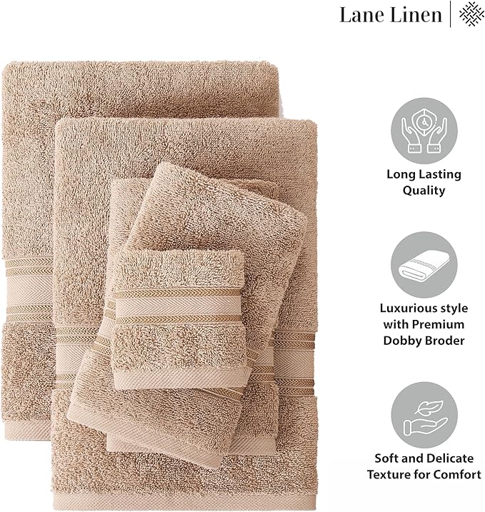 LANE LINEN Luxury Bath Towels Set - 12 Piece, 100% Cotton, Zero Twist, Super Soft & Extra Absorbent, Includes 4 Bath Towels, 4 Hand Towels, 4 Washcloths - Taupe