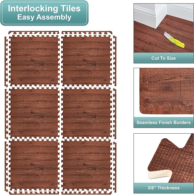 Sorbus Wood Grain Floor Tiles Foam Mat EVA Interlocking Mats Tile 3/8-Inch Thick Flooring Wood Puzzle Exercise Mats w/Borders - Home Playroom Basement, Apartment, Trade Show, Baby, Dance