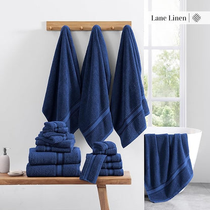 LANE LINEN Luxury Bath Towels Set - 6 Piece Set, 100% Cotton Bathroom Towel, Zero Twist, Quick Dry Shower Towels, Extra Soft Absorbent Towel, 2 Bath Towels, 2 Hand Towels, 2 Wash Cloths - Navy