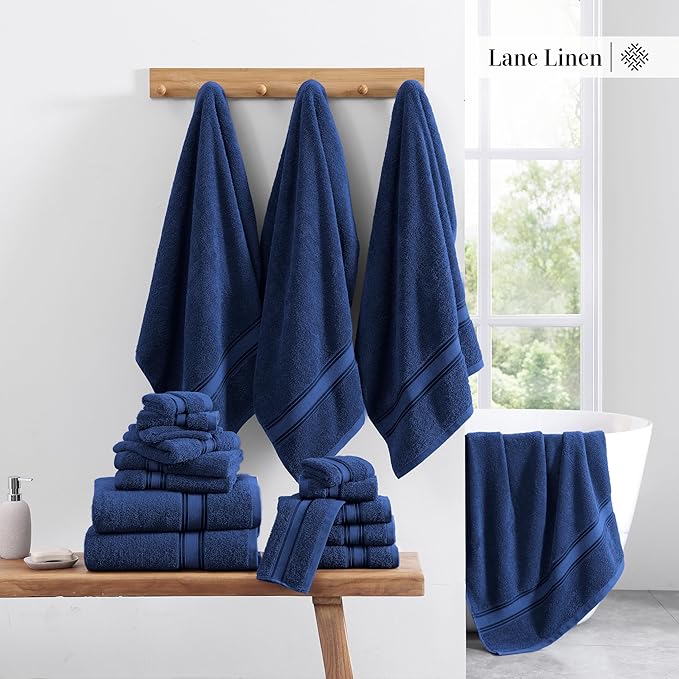 LANE LINEN Luxury Bath Towels Set - 12 Piece Set, 100% CottonBathroom Towels, Zero Twist, Extra Absorbent Super Soft, 4 Bath Towel, 4 Hand Towel, 4 Wash Cloths - Navy