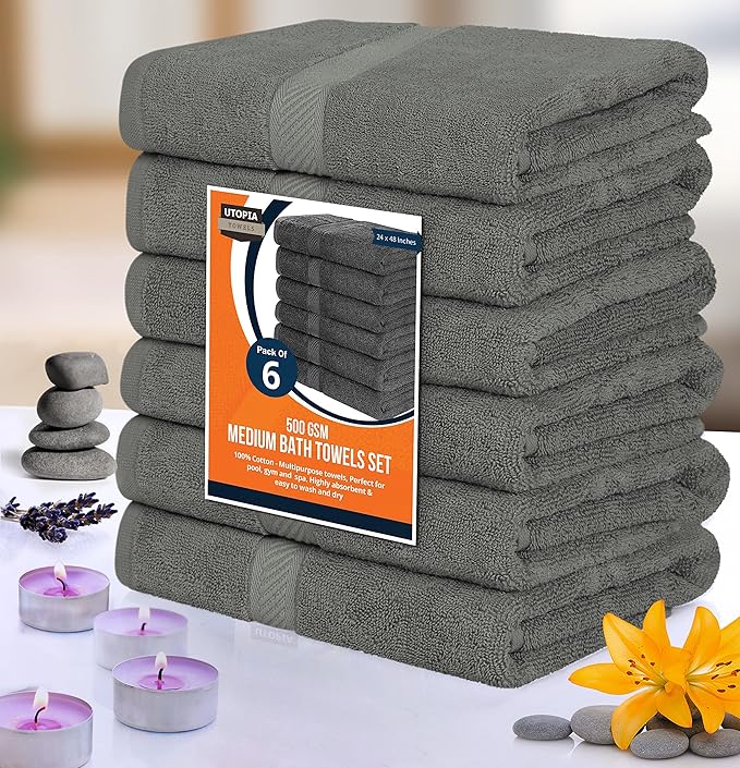 Utopia Towels 6 Pack Bath Towel Set (24 x 48 Inches), 500 GSM 100% Ring Spun Cotton Medium Lightweight and Highly Absorbent Quick Drying, Premium Towels for Hotel, Spa and Bathroom