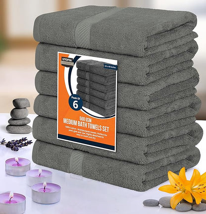 Utopia Towels 6 Pack Bath Towel Set (24 x 48 Inches), 500 GSM 100% Ring Spun Cotton Medium Lightweight and Highly Absorbent Quick Drying, Premium Towels for Hotel, Spa and Bathroom