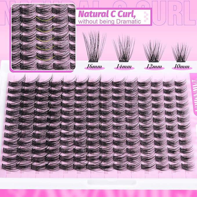 Yawamica Natural Lash Clusters DIY Cluster Eyelash Extensions 10-16mm Wispy Eyelash Clusters C Curly Individual Lashes 168 pcs Soft Cluster Lashes with Thin Lash Band DIY Lash for Self Application