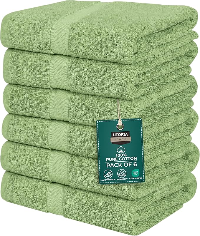 Utopia Towels 6 Pack Medium Bath Towel Set, 24 by 48 Inches, 500 GSM 100% Ring Spun Cotton, Lightweight and Highly Absorbent Quick Drying Premium Towels for Hotel, Spa and Bathroom, Sage Green