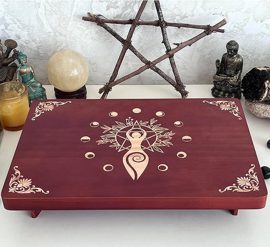 Altar Table, Meditation Table, Small Altar Table, Wooden Witch Altar, Wiccan Alter Table, Buddhist Shrine, Engraved Spiral Goddess on Table Top, 12 × 8 inches