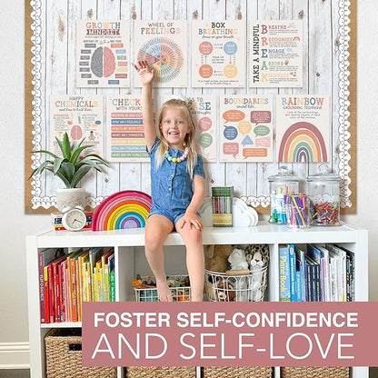 9 Mental Health Posters For Classroom - 11x14" School Counselor Office Decor, Power of Yet & Growth Mindset Poster, School Counseling Posters Elementary - Boho Muted Classroom Decor