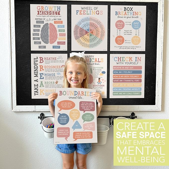 9 Mental Health Posters For Classroom - 11x14" School Counselor Office Decor, Power of Yet & Growth Mindset Poster, School Counseling Posters Elementary - Boho Muted Classroom Decor