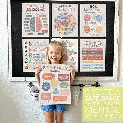 9 Mental Health Posters For Classroom - 11x14" School Counselor Office Decor, Power of Yet & Growth Mindset Poster, School Counseling Posters Elementary - Boho Muted Classroom Decor