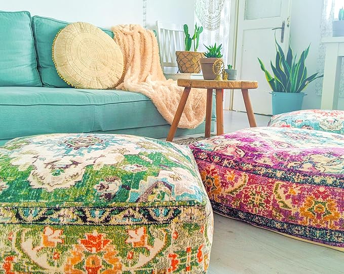 Mandala Life ART Moroccan Pouf Ottoman Cover Green Square Meditation Pillow Case Boho Room Décor Moroccan Seating Area Perfect for Living Room, Bedroom, Nursary or Children Room Cotton 24x8 Unstuffed