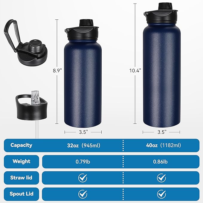 VEGOND 40 oz Insulated Water Bottle Bulk Stainless Steel Metal Water Bottles with Leak Proof Straw Lid & Spout Lid, Wide Mouth Double Walled Vacuum Travel Sports Bottle, 4 Pack