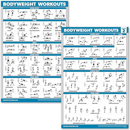 QUICKFIT 10 Pack - Exercise Workout Poster Set - Bodyweight Volume 1 & 2, Dumbbell, Suspension, Kettlebell, Resistance Bands, Stretching, Barbell, Yoga Poses, Exercise Ball (Laminated, 18" x 24")