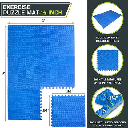 ProsourceFit Puzzle Exercise Mat ½ in, EVA Interlocking Foam Floor Tiles for Home Gym, Mat for Home Workout Equipment, Floor Padding for Kids
