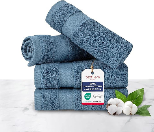 TEXTILOM 100% Turkish Cotton 4 Piece Luxury Washcloth Towel Set for Bathroom & Kitchen, Thick & Super Soft & Highly Absorbent & Quick Dry for Face and Hand- Mid Blue