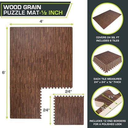 ProsourceFit Wood Grain Puzzle Mat 1/2-in, 6 EVA Foam Interlocking Floor Tiles (24SQ FT) for Secure Indoor Room Workout Flooring and Playmat, Dark Oak