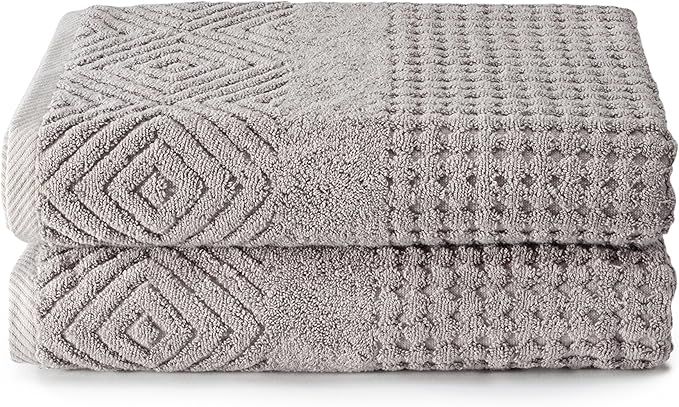 Texere 100% Organic Cotton Diamond Jacquard 700 GSM Luxury Bath Towel Sets - Ultra Soft and Absorbent Hotel and Spa Quality (Diamond, Cathedral Gray, 2 Bath Towels)