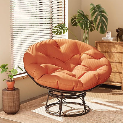 46'' Large Size Papasan Chair with Cushion and Frame, Round Lazy Chair for Living Room and Bedroom, Orange