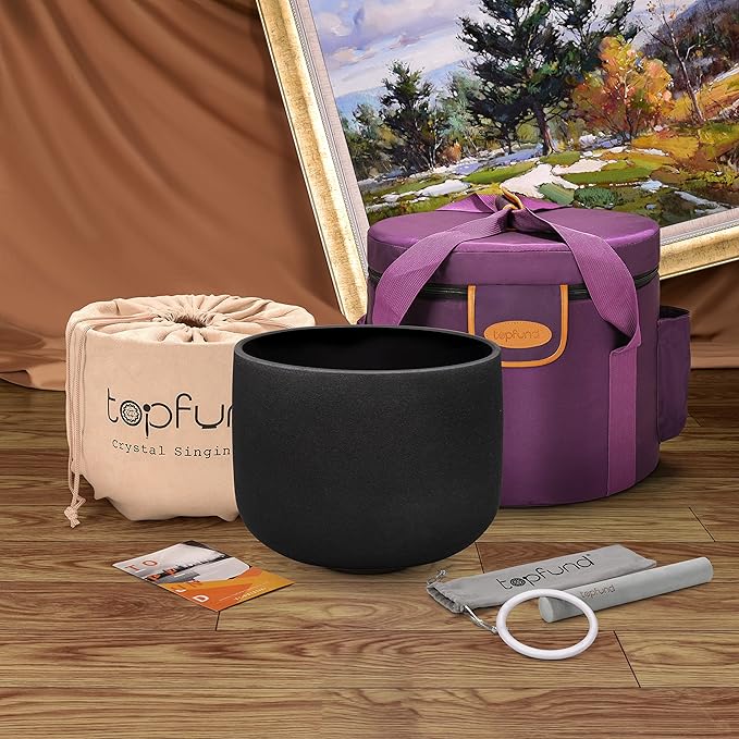TOPFUND Black D# Note Crystal Singing Bowl Navel Chakra 8 Inch with Heavy Duty Carrying Case and Suede Mallet