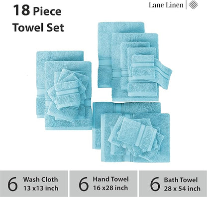 LANE LINEN Luxury 18-Piece Solid Cotton Bathroom Towel Set - 6 Bath Towels, 6 Hand Towels, 6 Wash Cloths - Blue