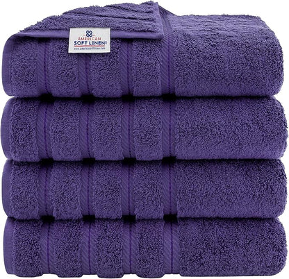 American Soft Linen Luxury 4 Piece Bath Towel Set, 600 GSM 100% Cotton Turkish Bath Towels for Bathroom, 27x54 in Extra Large Bathroom Shower Towels, Purple