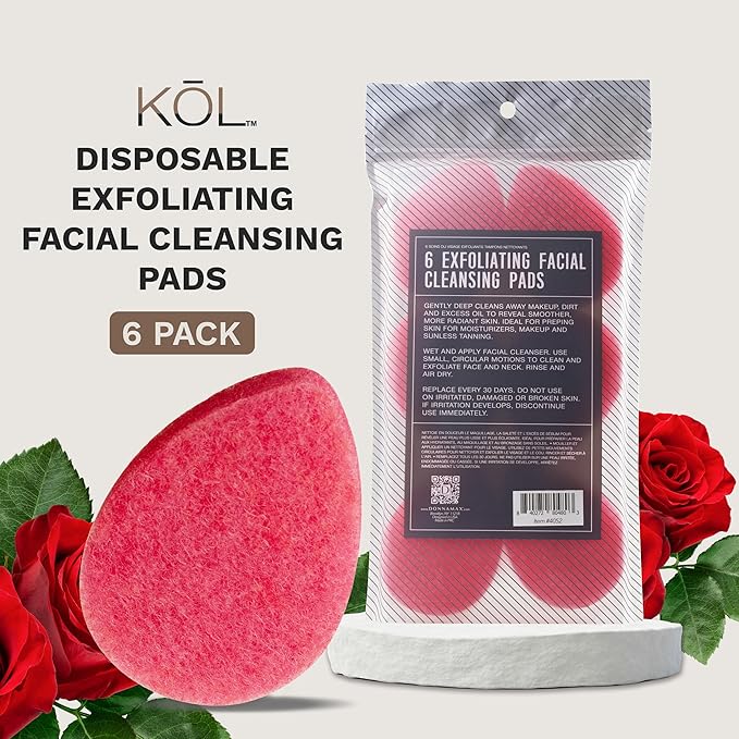 KOL Face Scrubber, Rose Infused Exfoliating Facial Cleansing Pads, Disposable Exfoliator Face Sponge for Daily Cleaning and Makeup Removal, 6 Count