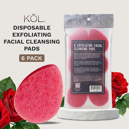 KOL Face Scrubber, Rose Infused Exfoliating Facial Cleansing Pads, Disposable Exfoliator Face Sponge for Daily Cleaning and Makeup Removal, 6 Count