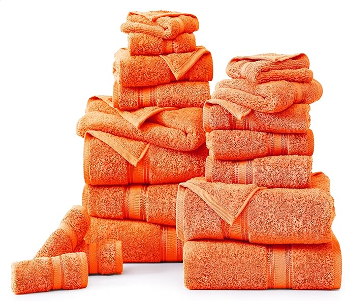 Lane Linen 100% Cotton Luxury Bath Towel Set - 18 Pieces - Zero Twist, Super Soft & Highly Absorbent - 6 Bath, 6 Washcloths, 6 Hand Towels for Bathroom - Minimal Lint & Fading, Pre Shrunk - Tiger Lily