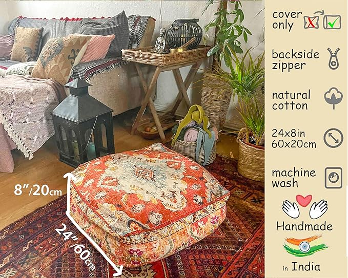 Mandala Life ART Large Yoga Décor Bean Bag Cover Orange Boho Chic Orange Decorative Floor Cushion Moroccan Seating Area Perfect for Living Room, Bedroom, Nursary or Children Room Unstuffed