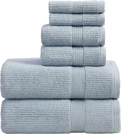 Springtree Home Blue Bath Towels Set of 6 | Ribbed Textured | 100% Combed Cotton | Absorbent Quick-Dry Towels for Bathroom | Oeko-TEX® Standard 100 Cotton | Mauro Collection - Blue Fog