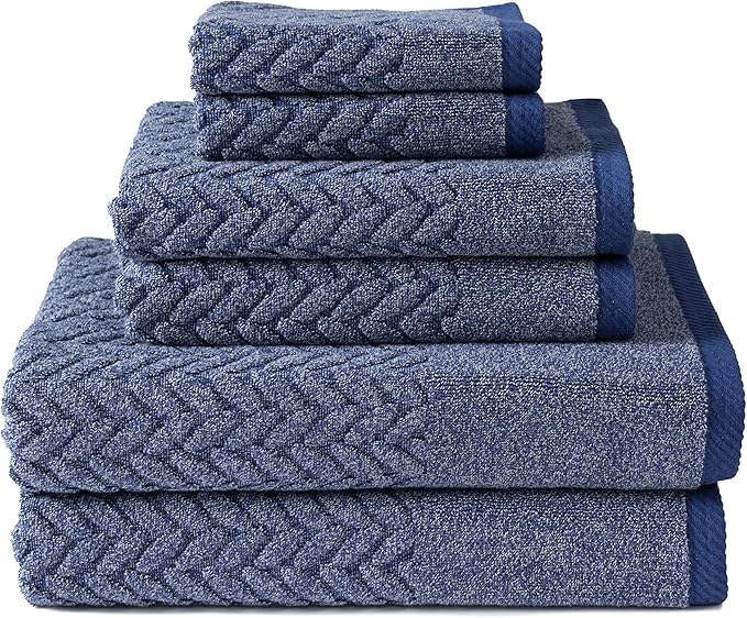 Texere 100% Organic Cotton Jacquard 650 GSM Premium Bath Towel Sets - Extra Absorbent Quick Dry and Plush, 2 Large Bath Towels, 2 Hand Towels, 2 Washcloths (Cable, Estate Blue, 6 Piece)
