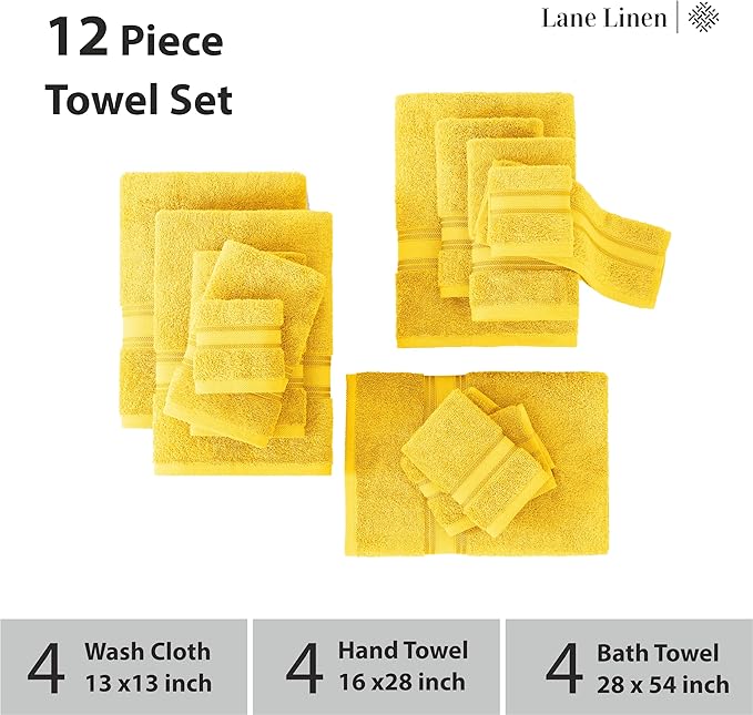 LANE LINEN Luxury Bath Towels Set - 12 Piece Set, 100% Cotton Bathroom Towels, Zero Twist Shower Towels, Extra Absorbent Bath Towel, Super Soft, 4 Bath Towels, 4 Hand Towels, 4 Wash Cloths - Mimosa